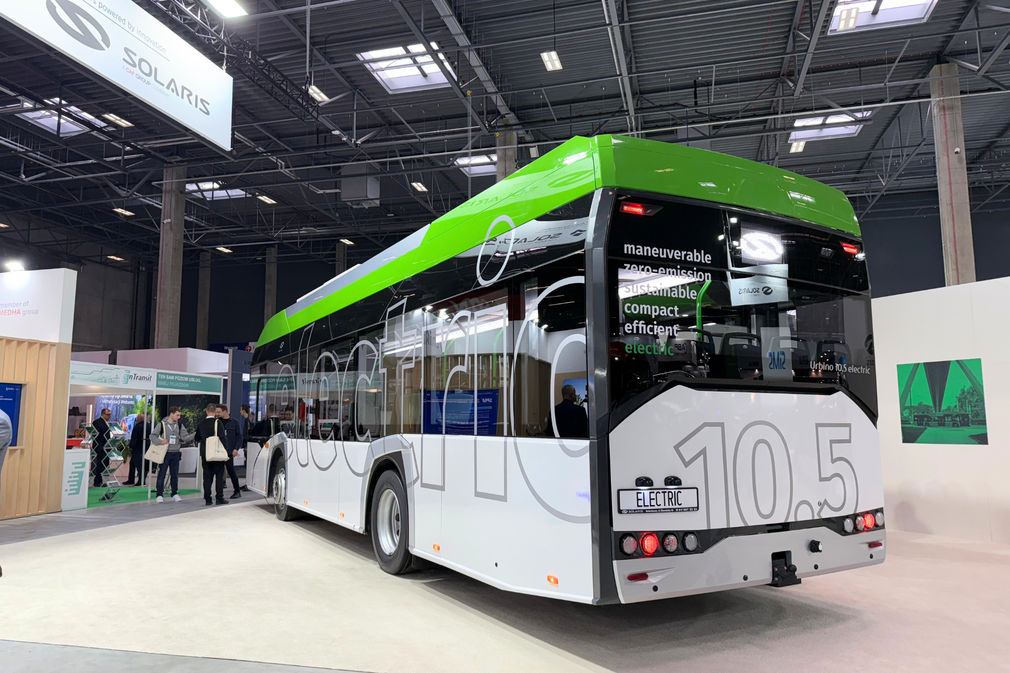 Solaris Urbino 10.5 electric at TRANSEXPO 2026 Rear three-quarter view of the Solaris Urbino 10.5 electric on the manufacturer's TRANSEXPO 2026 stand.